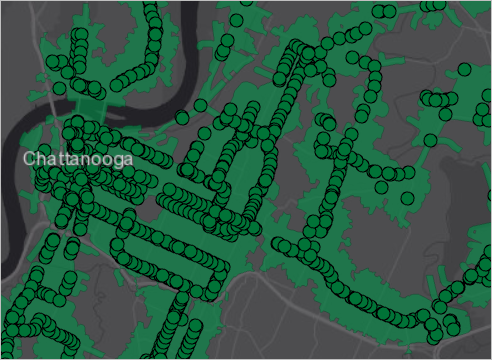 Mapa con polígonos de área de servicio y puntos de parada de autobús