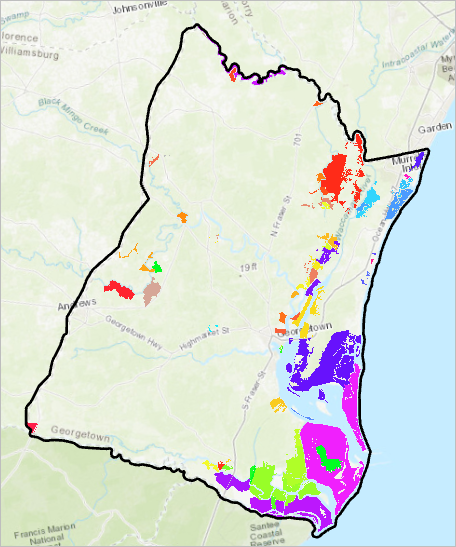 Mapa que muestra las parcelas PADUS_CRS_eligible dentro de los límites de la comunidad de Georgetown