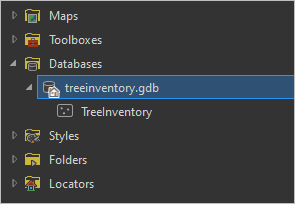 Las carpetas Bases de datos y treeinventory.gdb expandidas en el panel Catálogo