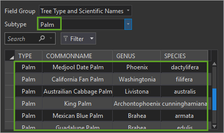 Subtipo configurado como Palm en la vista de valores contingentes