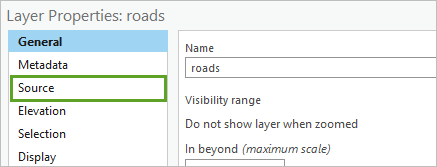 Haga clic en la pestaña Origen del panel Propiedades de capa.
