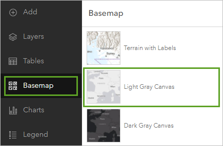 Mapa base Lona gris claro en el panel Mapa base