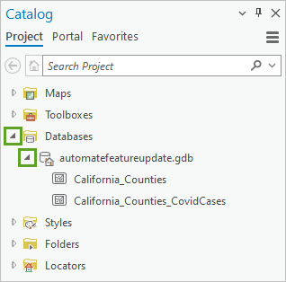 Bases de datos y Automatefeatureupdate.gdb expandidos en el panel Catálogo