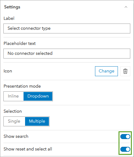 Mostrar filtro y Mostrar restablecimiento y seleccionar todo activados