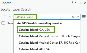 Resultado de búsqueda de Isla Catalina en el panel Localizar