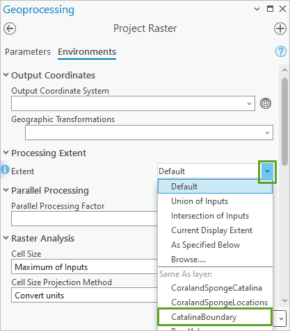 Extensión establecida en CatalinaBoundary en Extensión de procesamiento en el panel de la herramienta Proyectar ráster