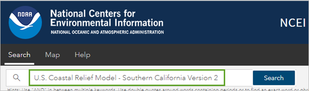 Modelo de relieve costero de EE. UU. para el sur de California buscado en el sitio web del geoportal del NCEI