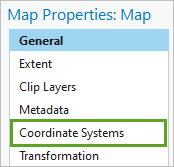 Pestaña Sistemas de coordenadas en la ventana Propiedades del mapa