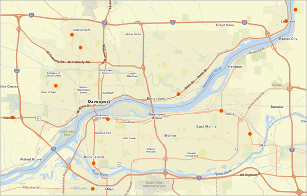 Mapa con las ubicaciones de Casey's y Circle K en la zona de Quad Cities