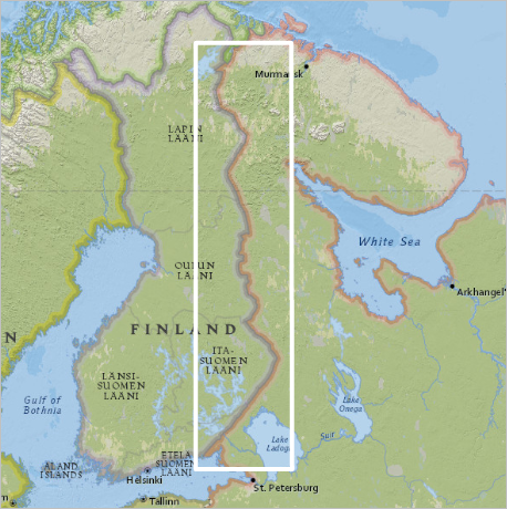 Mapa con un rectángulo blanco alrededor de la frontera entre Finlandia y Rusia