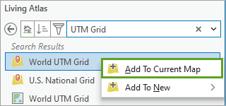 Capa de entidades World UTM Grid en los resultados de búsqueda del panel Catálogo