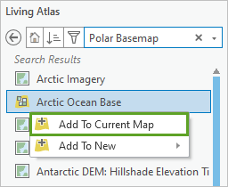 Capa de teselas Base del océano Ártico en los resultados de búsqueda del panel Catálogo