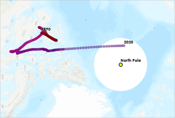 Mapa de los datos de puntos del Ártico canadiense con un círculo blanco alrededor del polo norte
