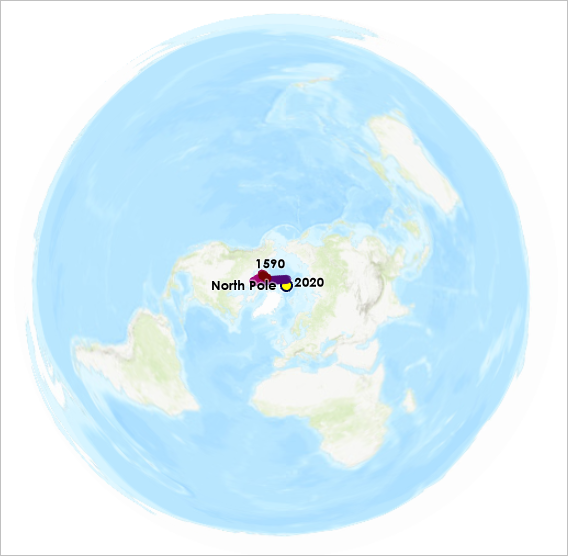 Mapa circular del mundo con el polo norte y datos de puntos en el centro