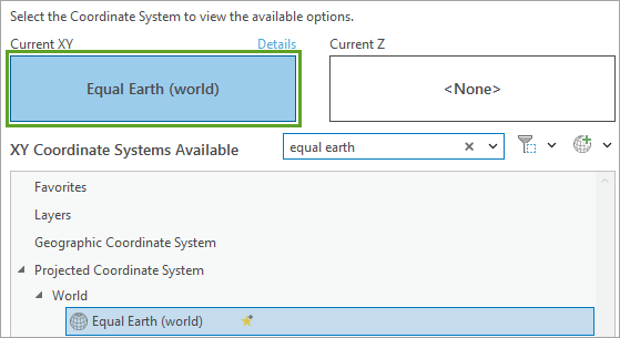 Sistema de coordenadas XY actual configurado como Equal Earth (mundial)