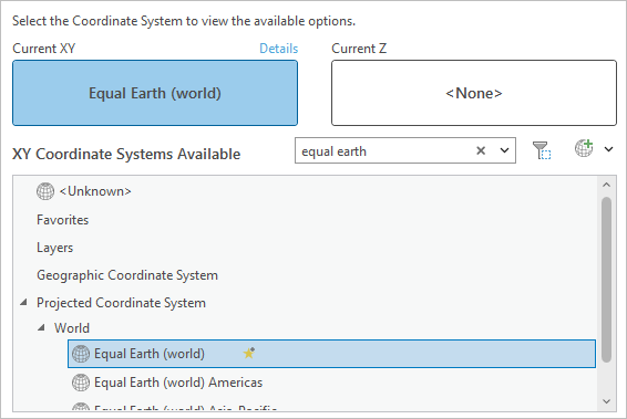 Sistema de coordenadas XY actual configurado como Equal Earth (mundial)