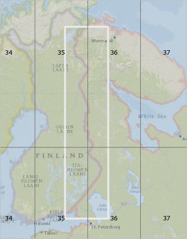Mapa de la frontera entre Finlandia y Rusia superpuesto con zonas UTM etiquetadas transparentes