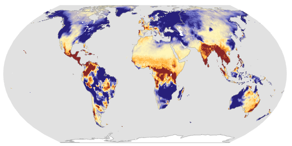 Datos de precipitaciones globales mostrados con la proyección Equal Earth