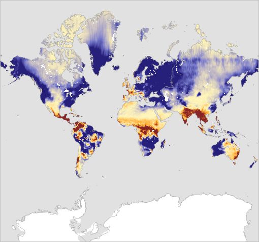 Datos de Cambios en el almacenamiento de agua mostrados en la proyección de Web Mercator