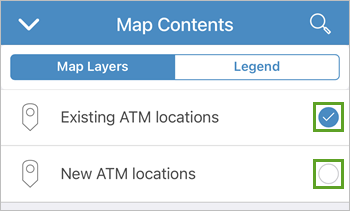 Capas Ubicaciones de cajeros automáticos existentes y Nuevas ubicaciones de cajeros automáticos en la pantalla Contenidos del mapa