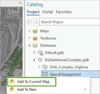 Agregar al mapa actual para la tabla SpaceManagement en el panel Catálogo