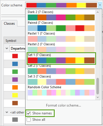 Mostrar nombres activado y Conjunto 1 (7 clases) para Esquema de color