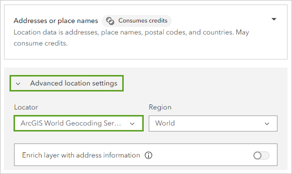 Localizador establecido en ArcGIS World Geocoding Service en la sección Configuración de ubicación avanzada