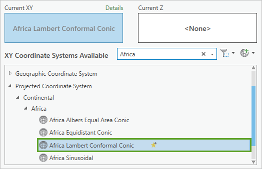 Sistema de coordenadas proyectadas Africa Lambert Conformal Conic seleccionado