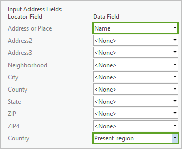 Opciones de Campo de datos elegidas