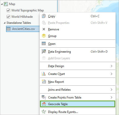 Opción Geocodificar tabla en el menú contextual Tablas independientes