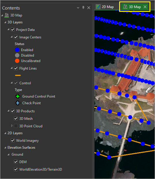 Vista Mapa 3D y panel Contenido