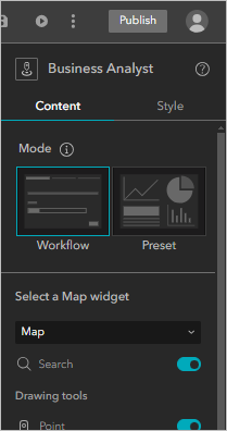 El panel de configuración del widget Business Analyst