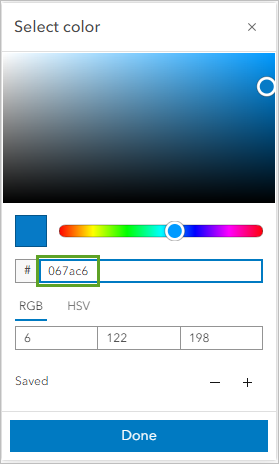 El cuadro de código hexadecimal en el panel Seleccionar color