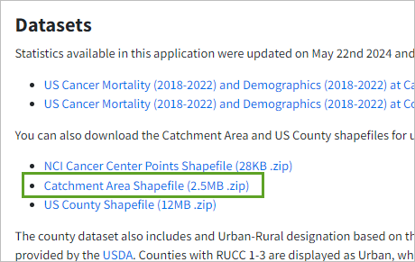 El vínculo Shapefile de zona de influencia en la sección Datasets de la página Zonas de influencia del NCI