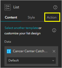 La pestaña Acción en el panel de configuración del widget Lista