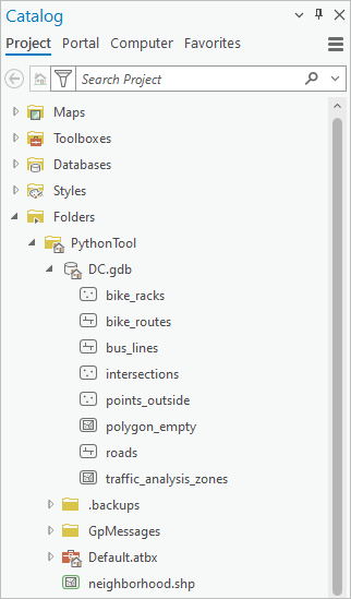Expanda Carpetas, la carpeta PythonTool y la geodatabase DC.gdb.