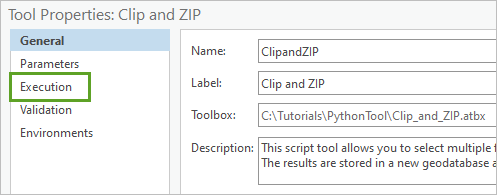 Haga clic en la pestaña Ejecución para ver la plantilla de código Python de la herramienta.