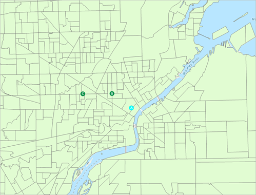 El mapa se acerca y se centra en Toledo, Ohio.