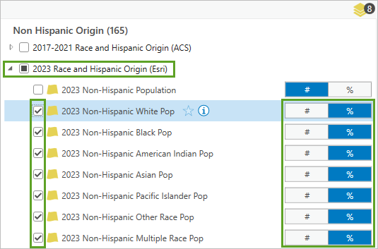 Variables de raza marcadas y seleccionadas para el porcentaje inferior a 2023 Race and Hispanic (Esri)