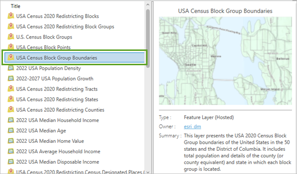 Capa USA Census Block Groups de esri_dm en la ventana Agregar datos