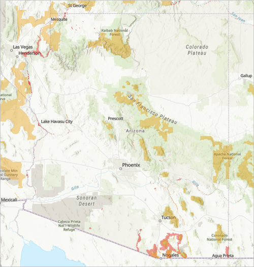 Mapa acercado al estado de Arizona.