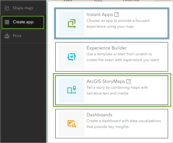 ArcGIS StoryMaps en el menú Crear aplicación