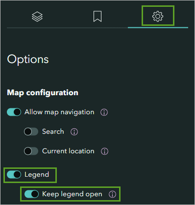 Leyenda y Mantener leyenda abierta habilitadas en la pestaña Opciones de la ventana Ajustar apariencia del mapa.