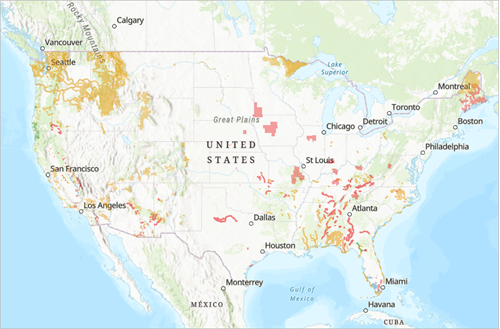 Datos de hábitat crítico agregados al mapa y acercados a la región continental de Estados Unidos.