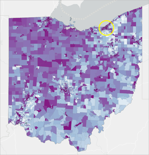 Cleveland marcada en el mapa de Ohio