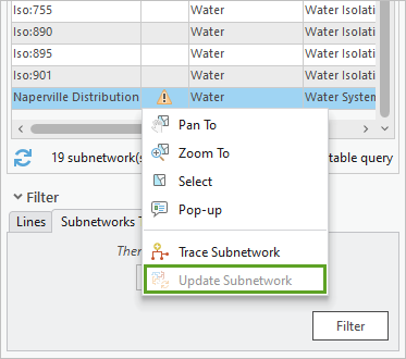 Opción Actualizar subred no disponible en el menú contextual Naperville Distribution