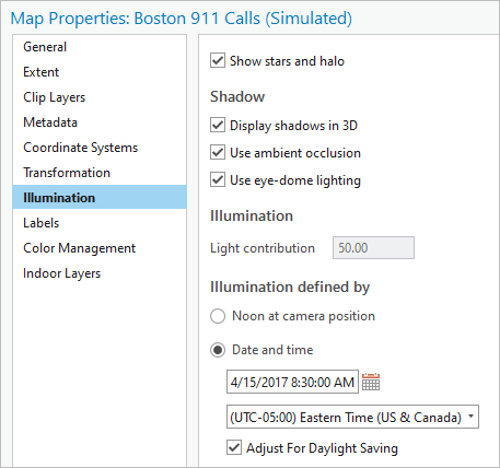 Configuración de la ventana Propiedades del mapa: Llamadas al 911 de Boston (Simulado)