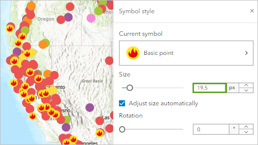 Mapa con símbolos de varios colores y nuevos símbolos de incendios