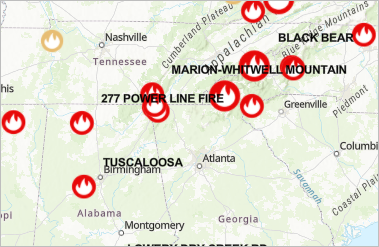 Mapa con etiquetas en mayúsculas para los incendios