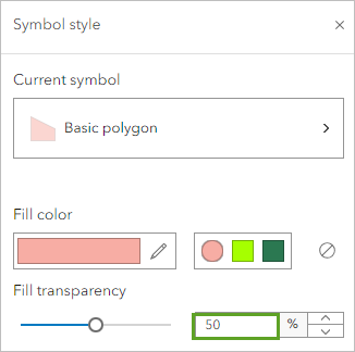 Color de relleno del símbolo definido por un código hexadecimal y una transparencia establecida en el 50 por ciento.